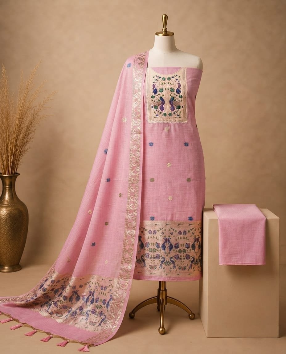 TOP   Cotton Silk Jamdani Zari Weaving With Meena Paithani  Cut