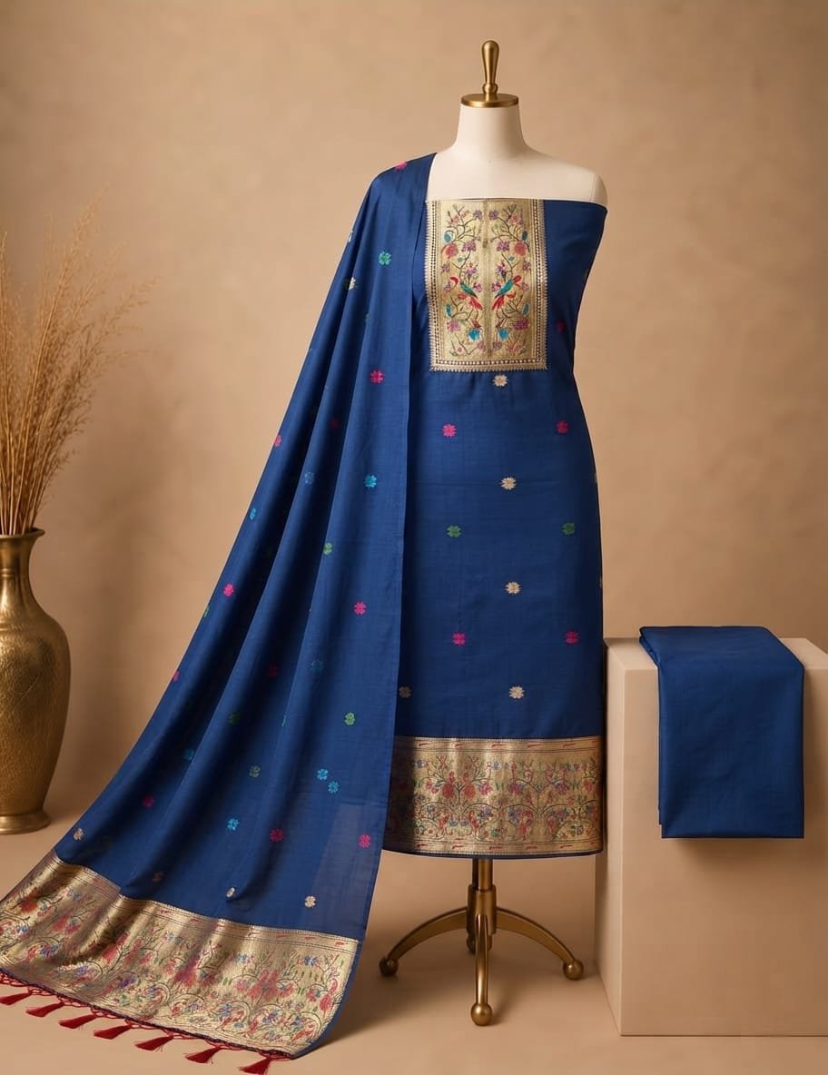 TOP   Cotton Silk Jamdani Zari Weaving With Meena Paithani  Cut